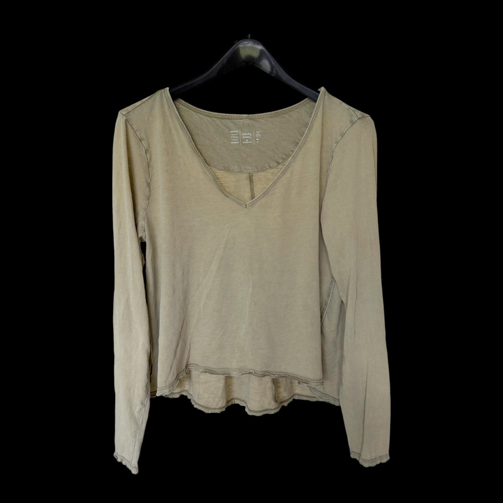 Saturday Sunday Anthropologie Olive Green V-Neck Long Sleeve Boxy Top Large